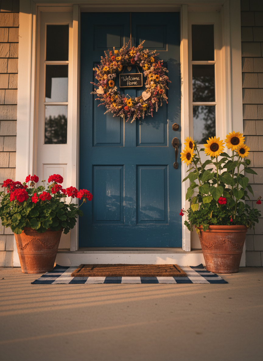 A welcoming front porch of a suburban home, focusing on a weathered but lovingly maintained blue front door with a handmade wreath of dried wildflowers, tiny wooden hearts, and a small chalkboard sign reading “Welcome Home” in neat handwriting. Two flower-filled planters flank the doorway, one with bright red geraniums and the other with sunflowers stretching toward the light. Late afternoon golden hour sunlight warms the textured wood siding and casts long, friendly shadows across a striped doormat. Captured in photographic realism at a slightly low, childlike angle, the composition centers the door, suggesting invitation and safety, with a playful, hopeful atmosphere that hints at a home ready for family laughter.